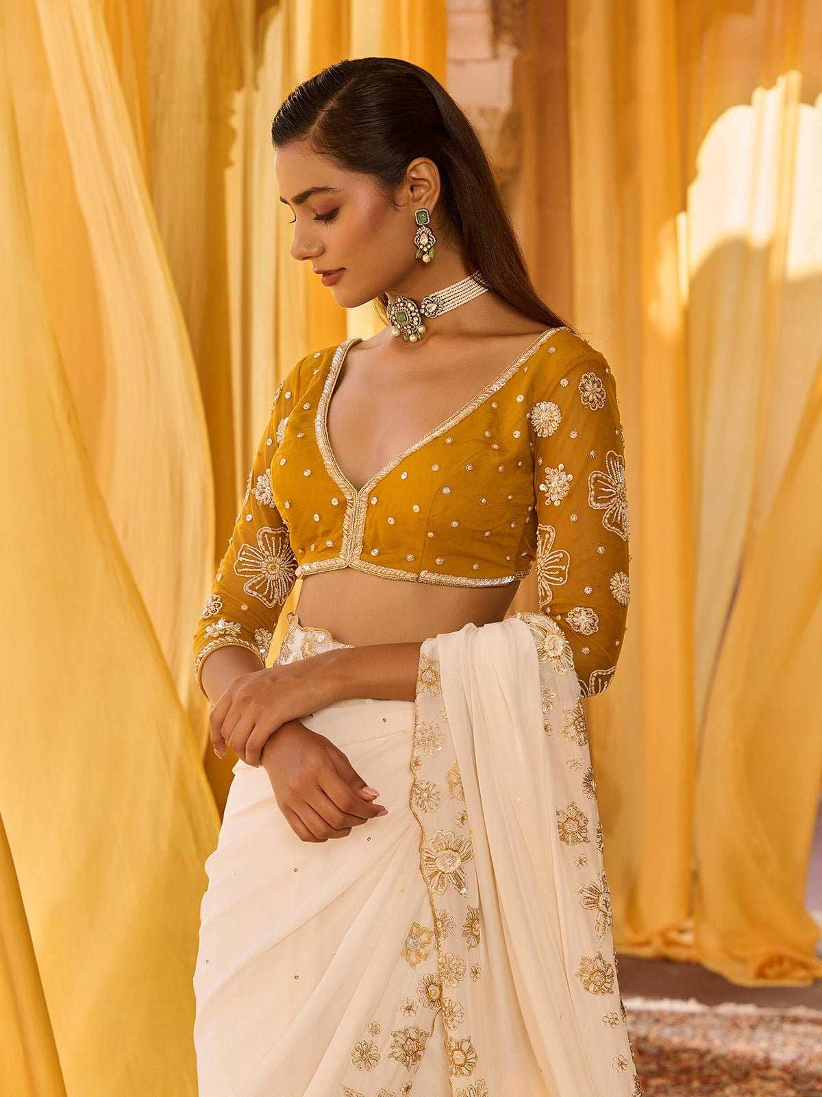 Mustard Muse Chiffon Saree Set