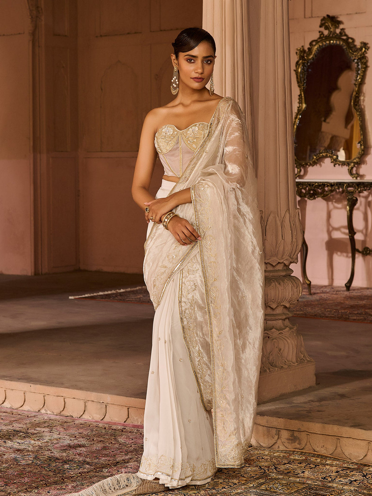Platinum Tissue Draped Saree Set