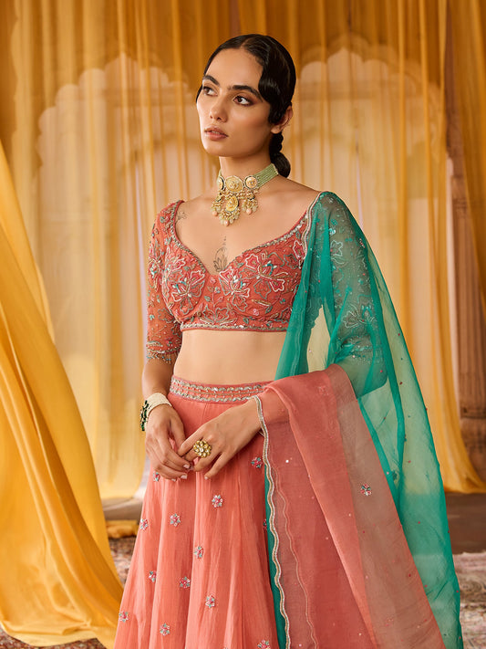 Coral Bloom Organza Lehenga Set