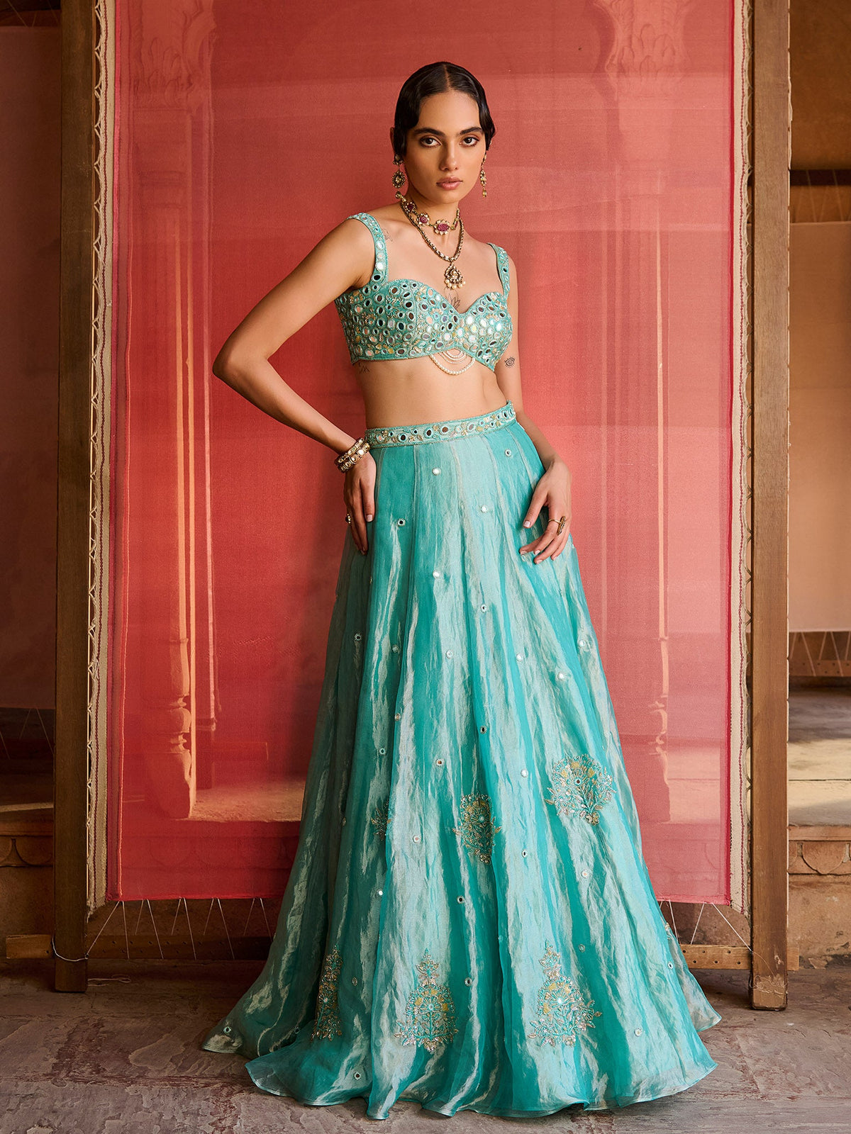 Ocean Turquoise Tissue Lehenga Set