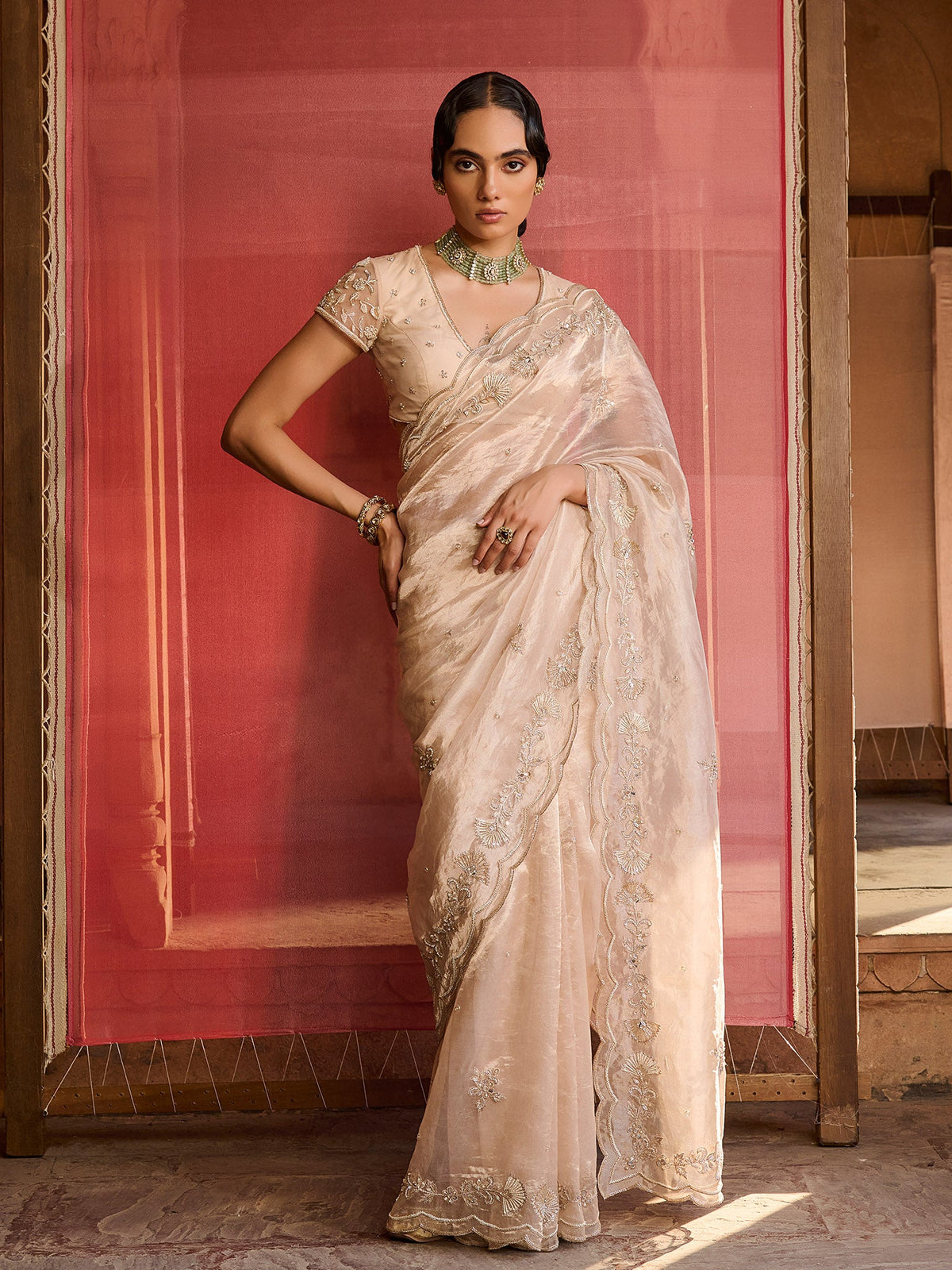Aurelia Rose Gold Tissue Saree Set