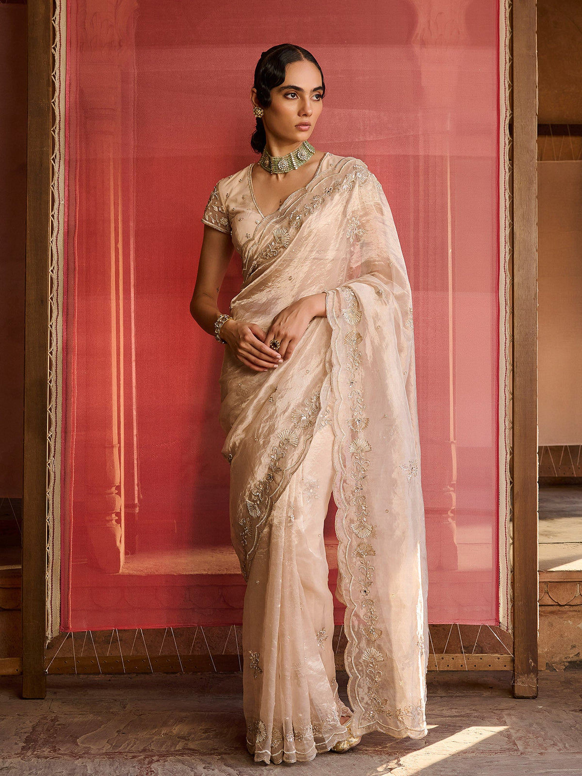 Aurelia Rose Gold Tissue Saree Set