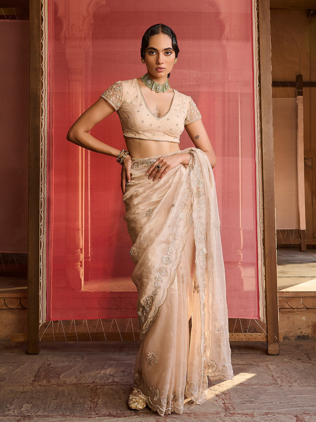 Aurelia Rose Gold Tissue Saree Set