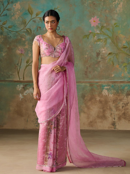 Gardenia Pink Organza Tissue Saree Set