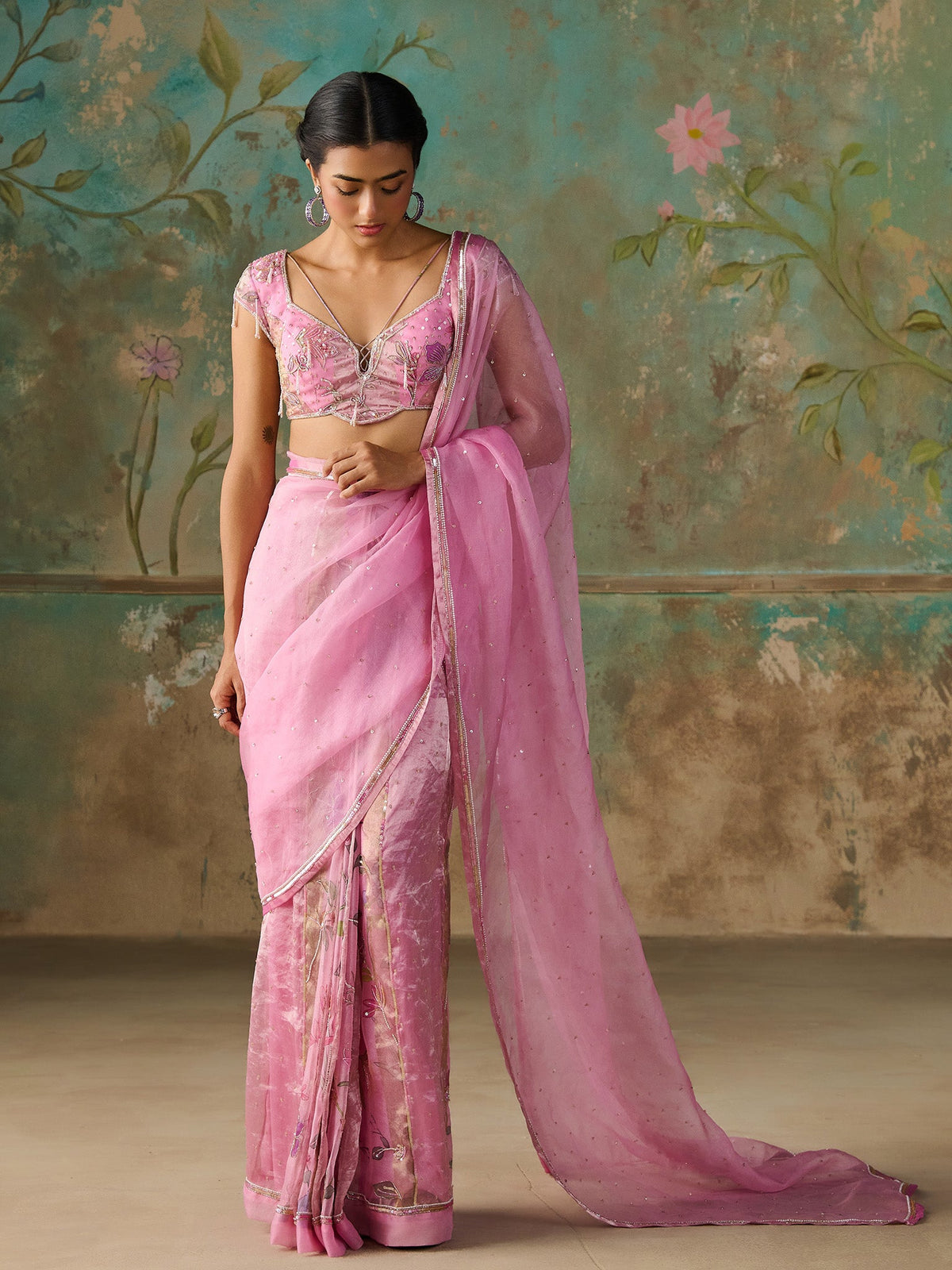 Gardenia Pink Organza Tissue Saree Set