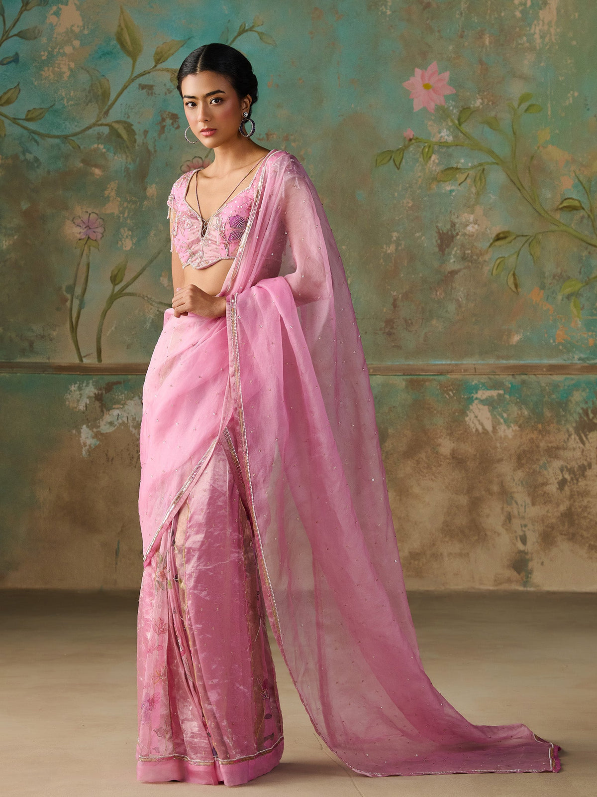 Gardenia Pink Organza Tissue Saree Set