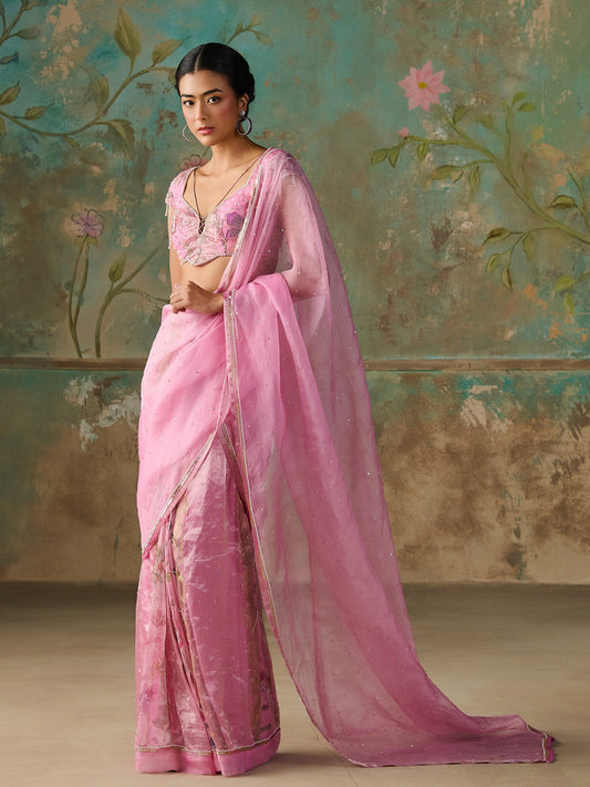 Gardenia Pink Organza Tissue Saree Set