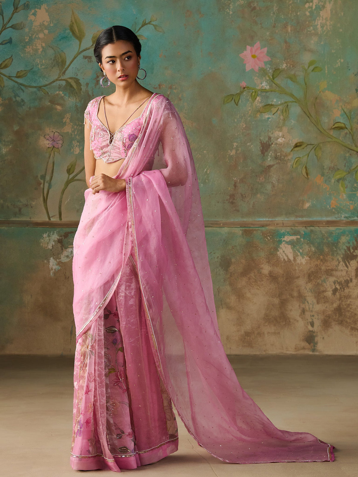 Gardenia Pink Organza Tissue Saree Set