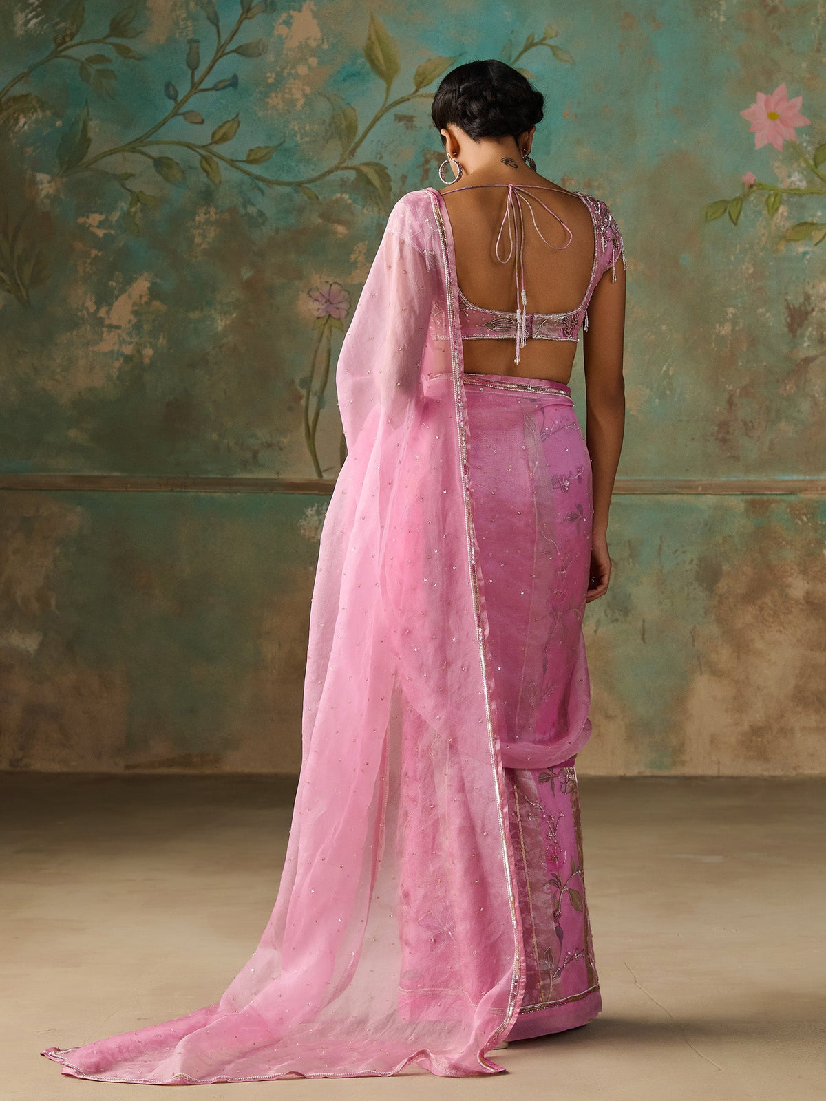 Gardenia Pink Organza Tissue Saree Set