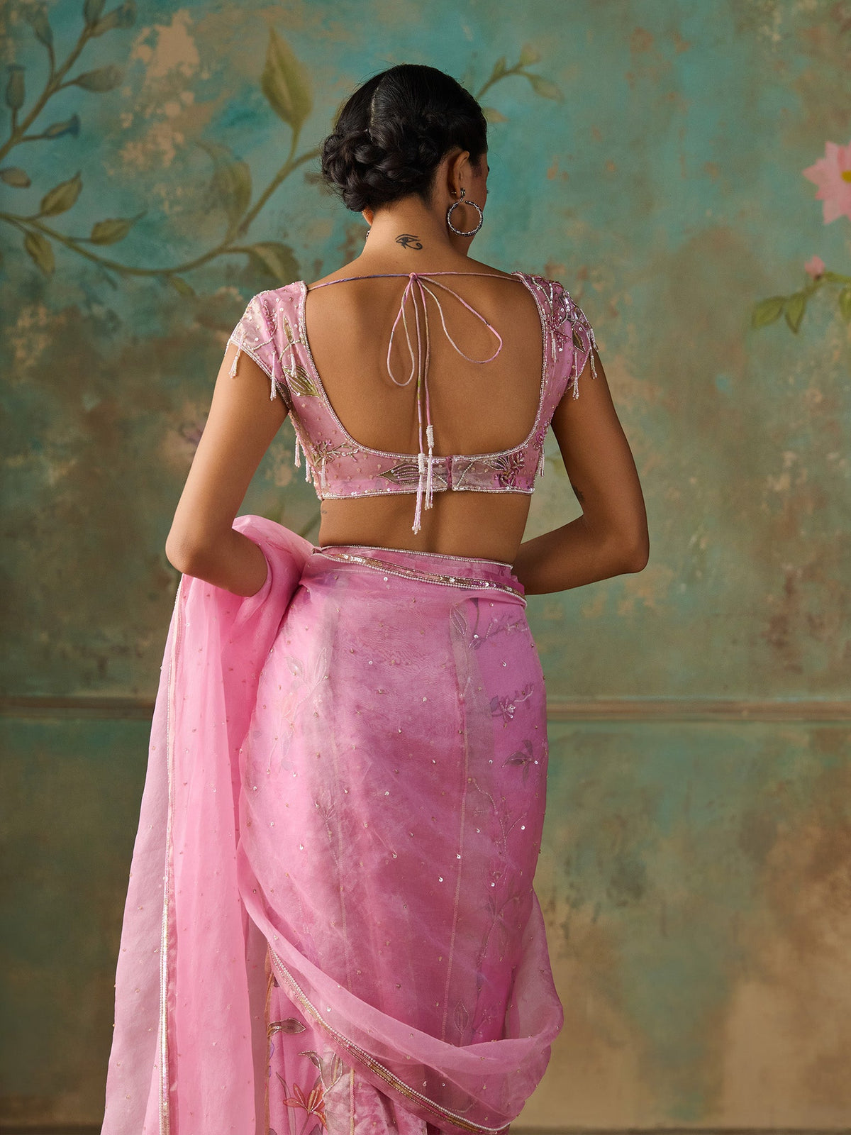 Gardenia Pink Organza Tissue Saree Set