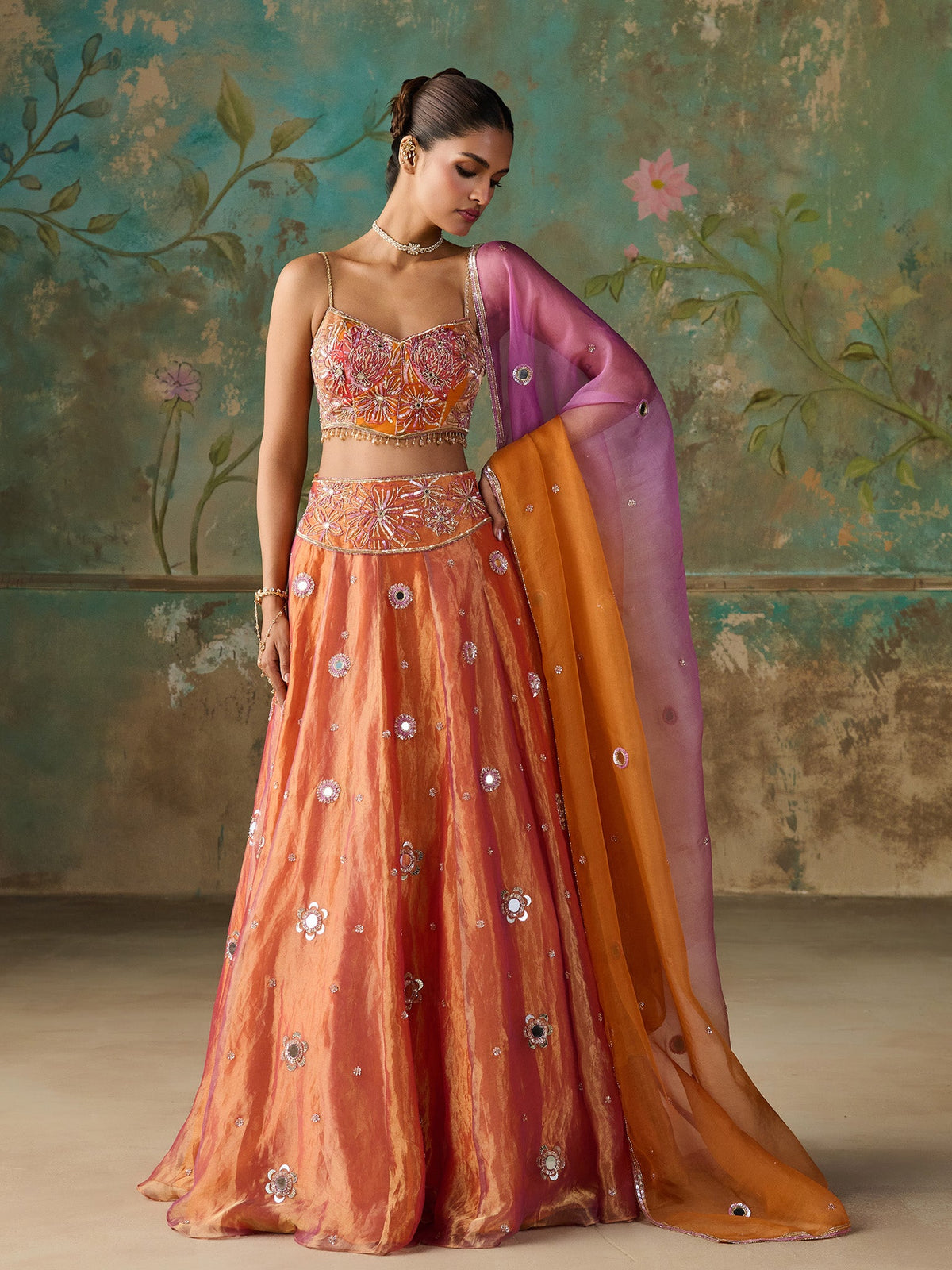 Gulnaar Orange Tissue Lehenga Set
