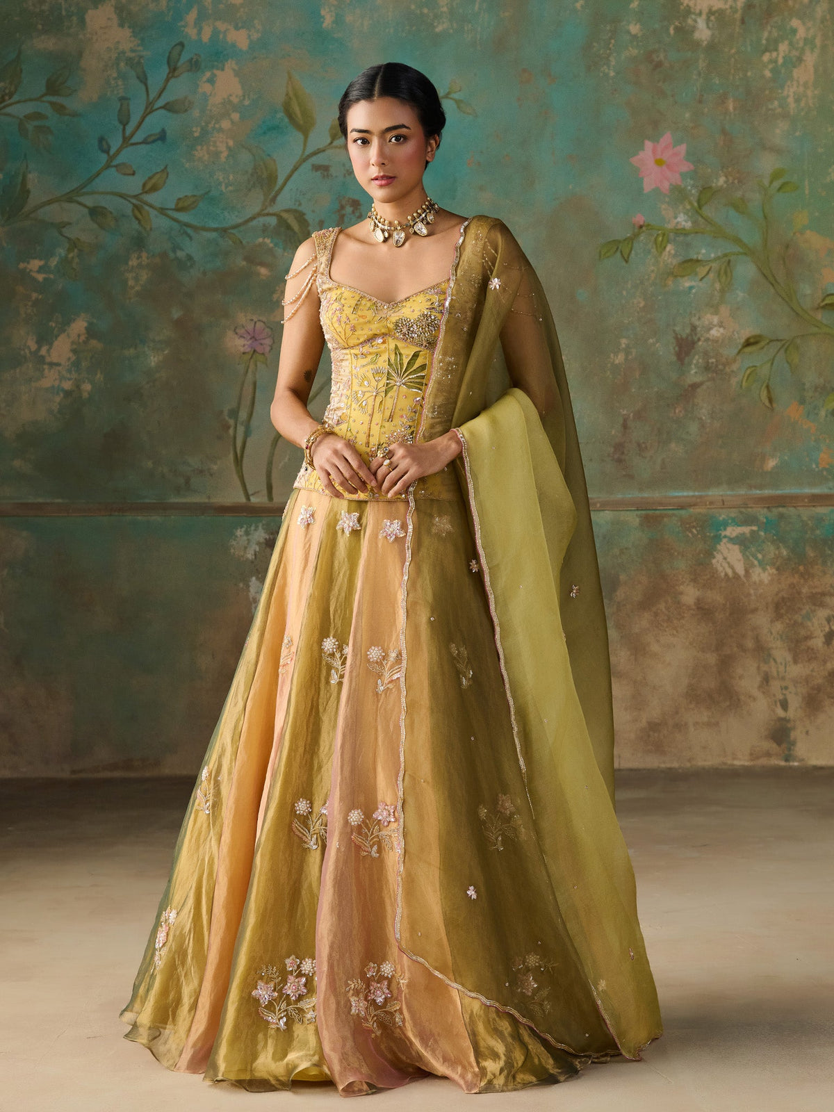 Zareen Moss Green Tissue Lehenga Set