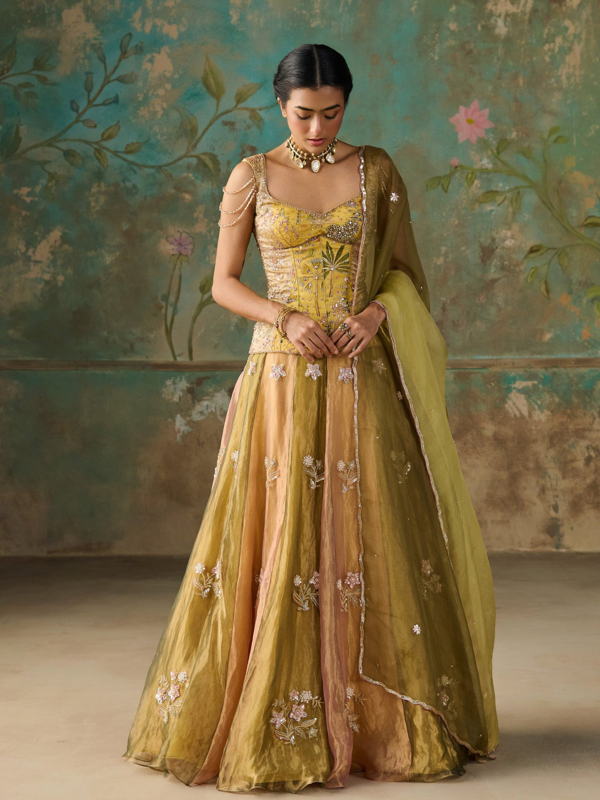 Zareen Moss Green Tissue Lehenga Set