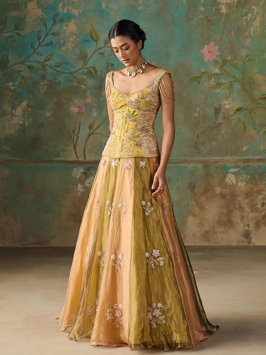 Zareen Moss Green Tissue Lehenga Set