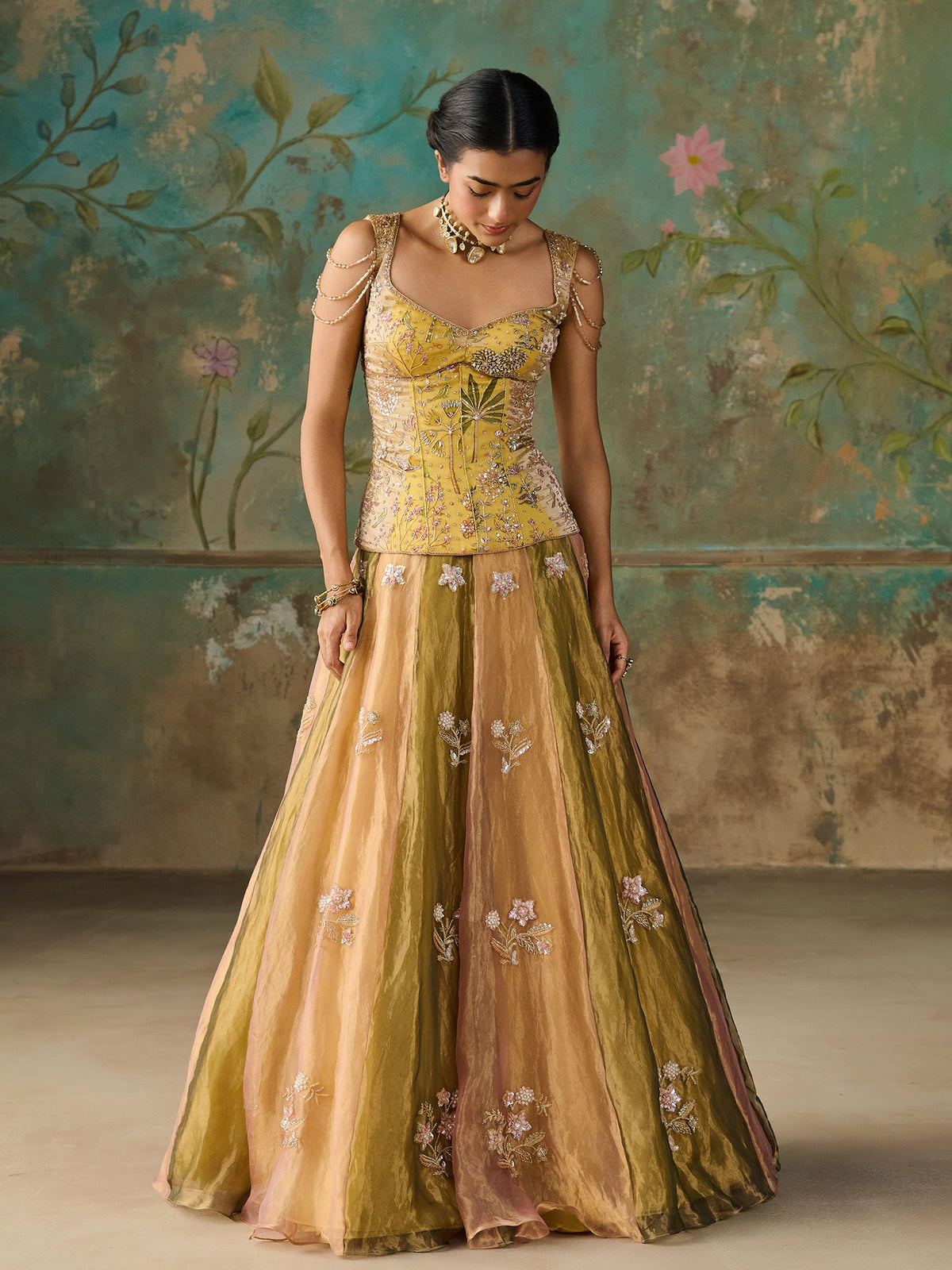 Zareen Moss Green Tissue Lehenga Set