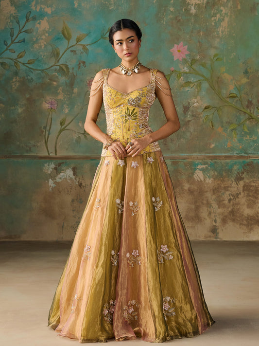 Zareen Moss Green Tissue Lehenga Set