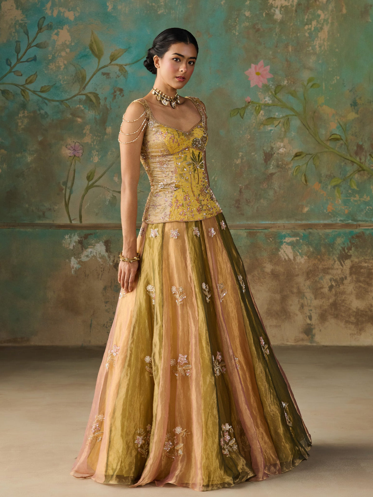 Zareen Moss Green Tissue Lehenga Set