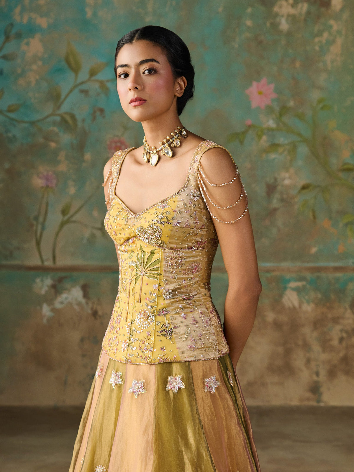 Zareen Moss Green Tissue Lehenga Set