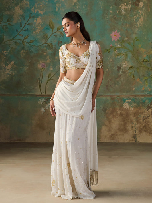 Aurelle Ivory Draped Saree Set