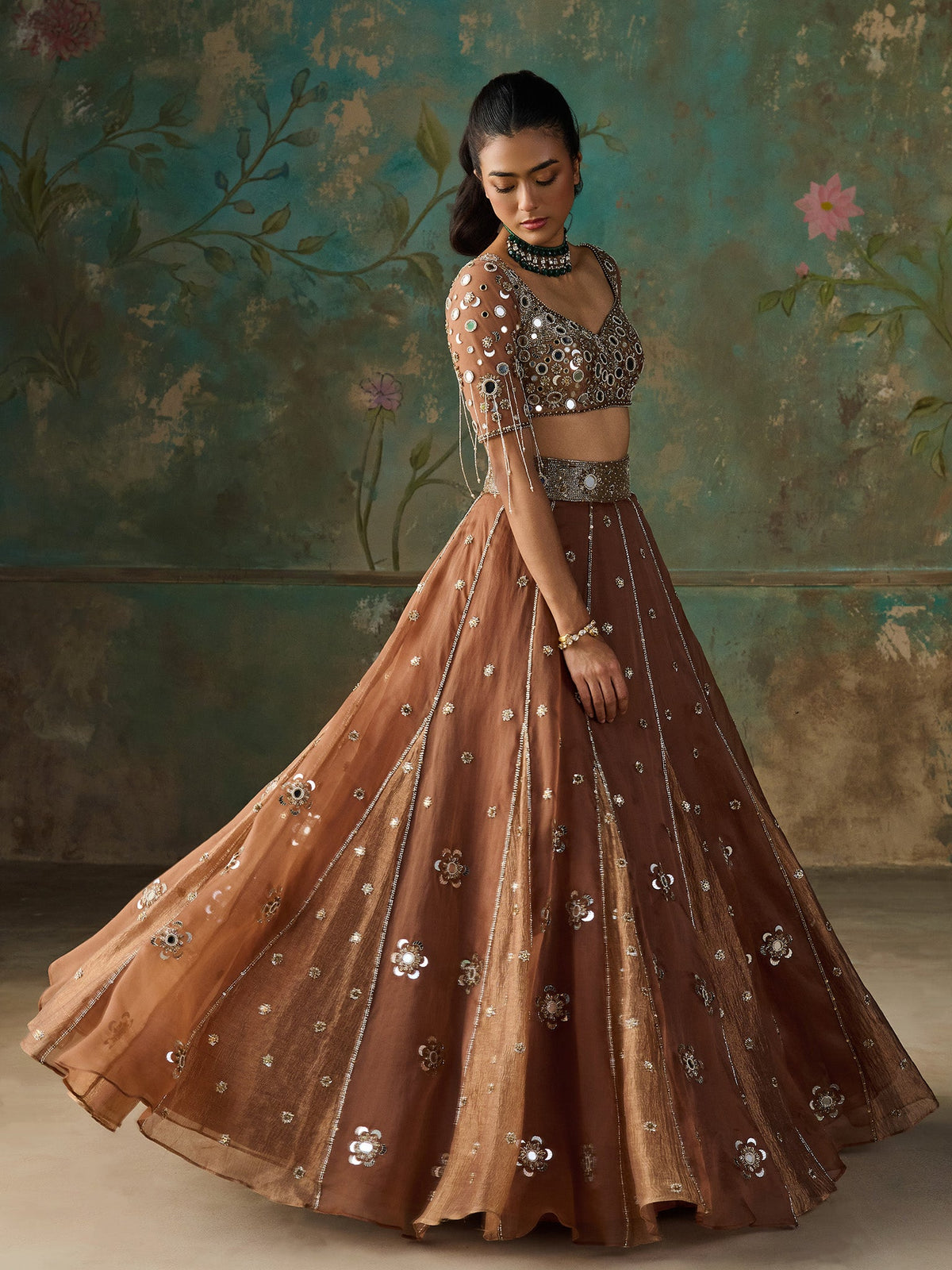 Miraya Brown Organza Lehenga Set