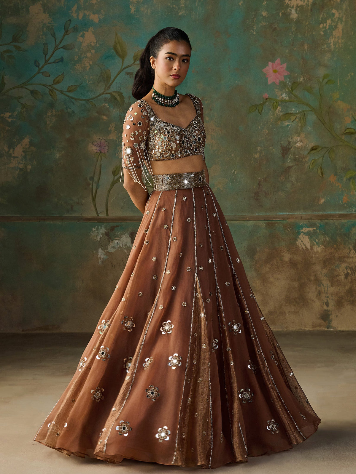 Miraya Brown Organza Lehenga Set