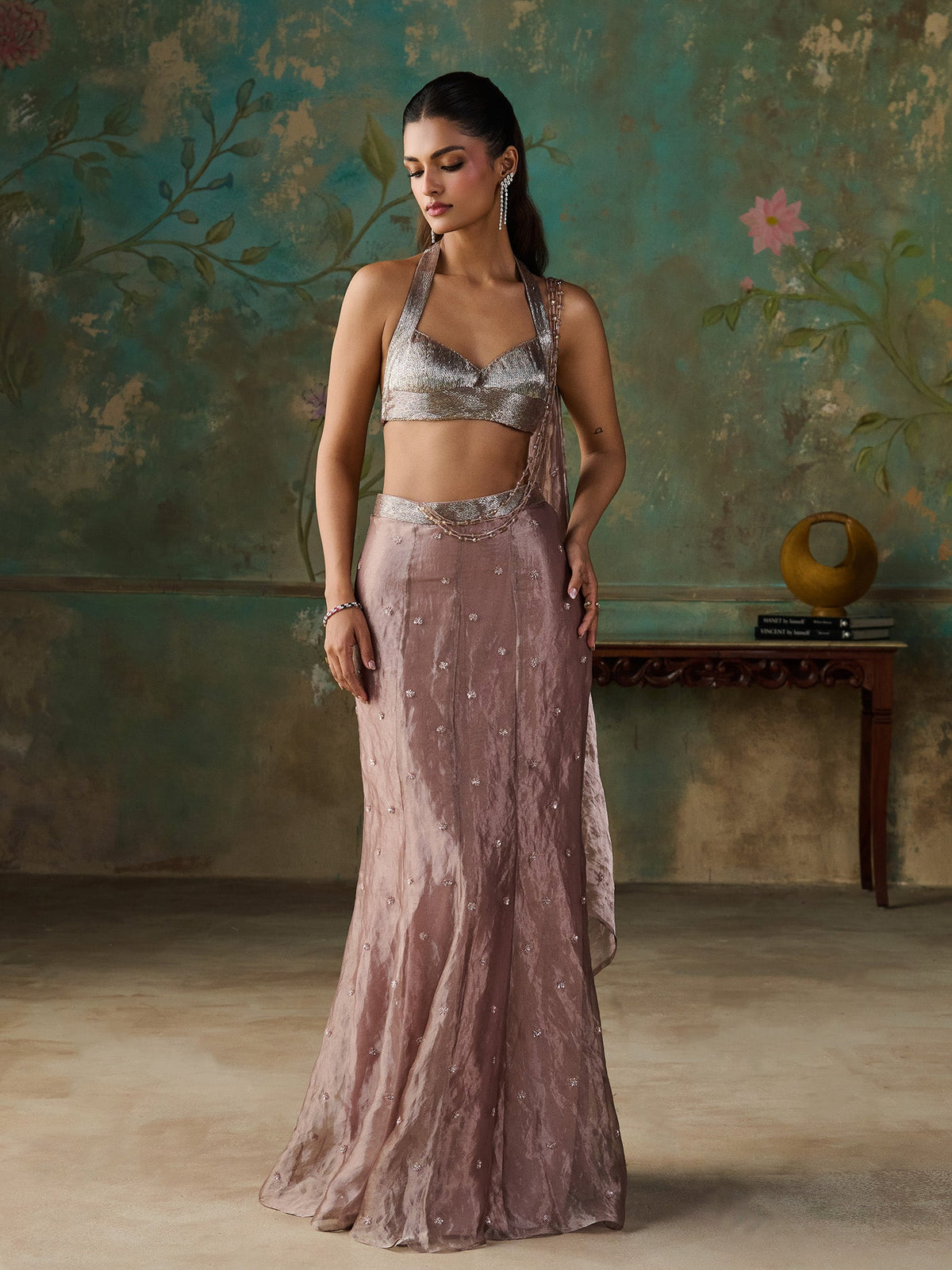 Rose Taupe Tissue Saree Set