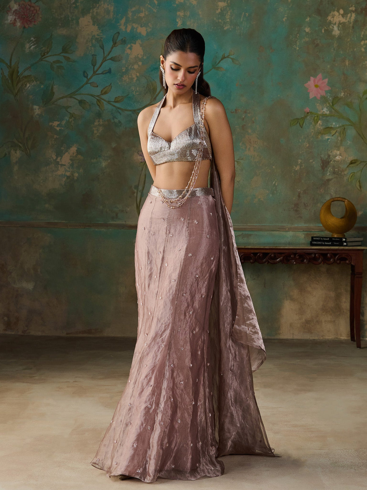 Rose Taupe Tissue Saree Set