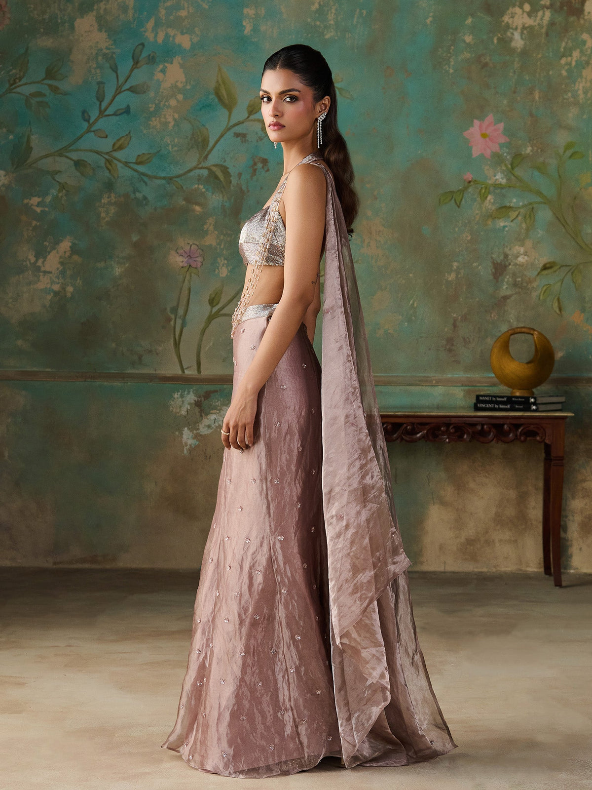 Rose Taupe Tissue Saree Set