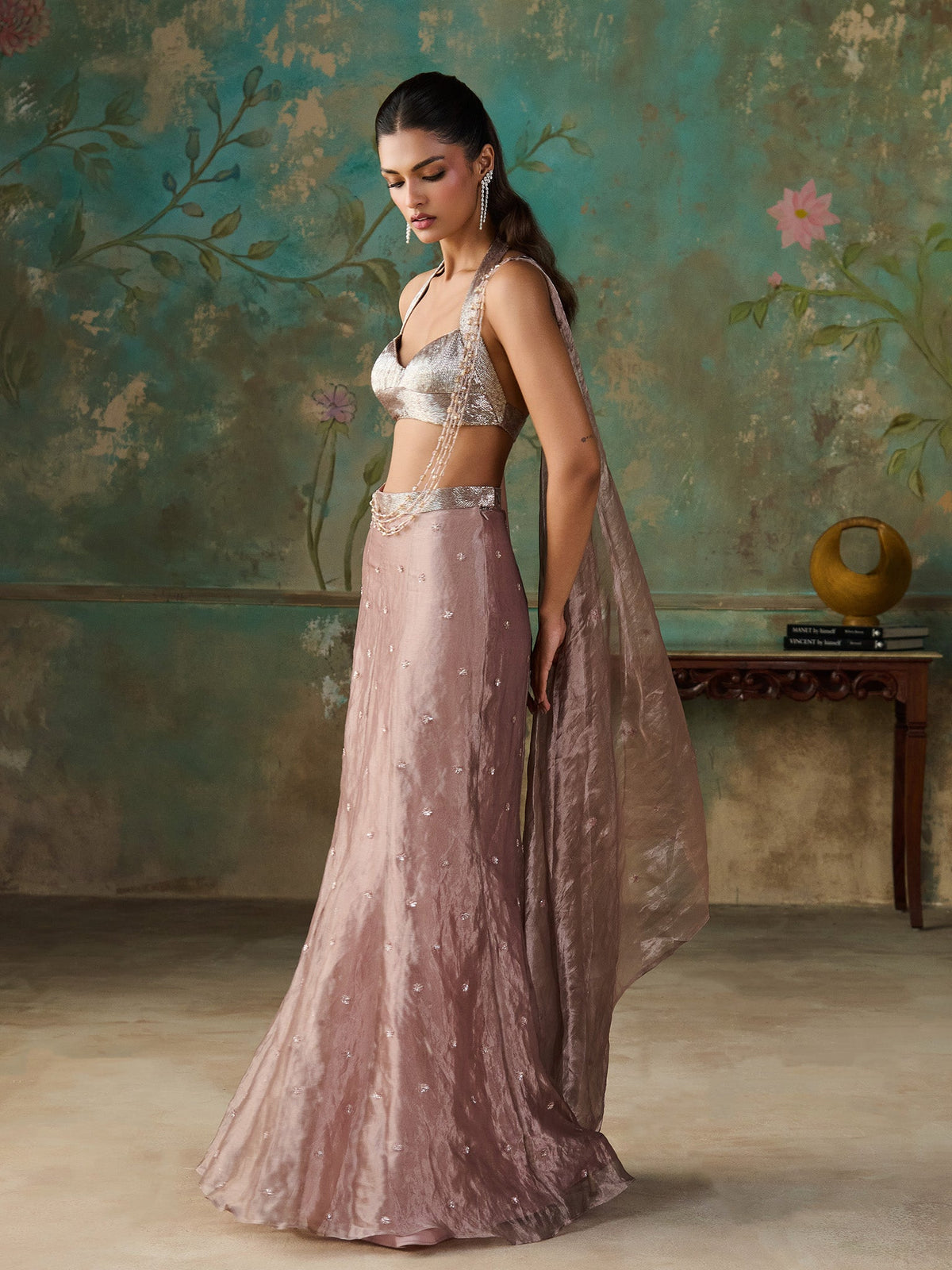 Rose Taupe Tissue Saree Set