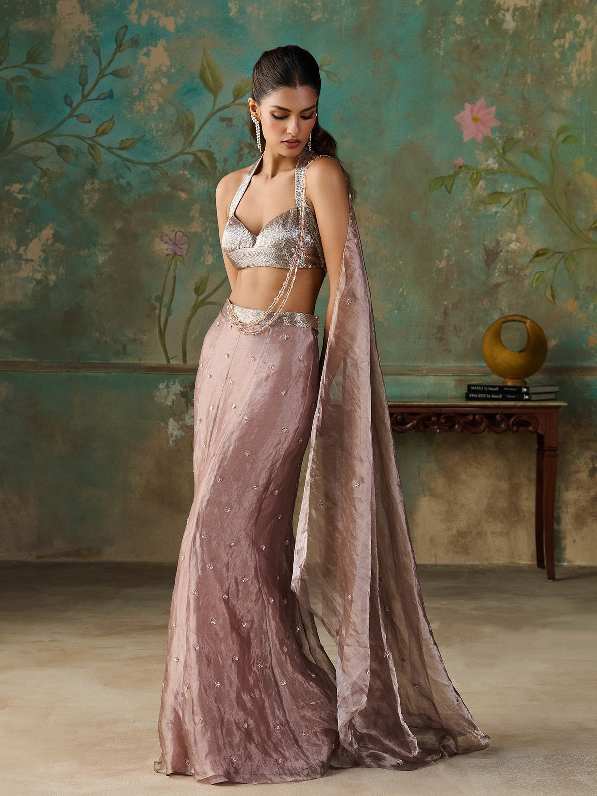 Rose Taupe Tissue Saree Set