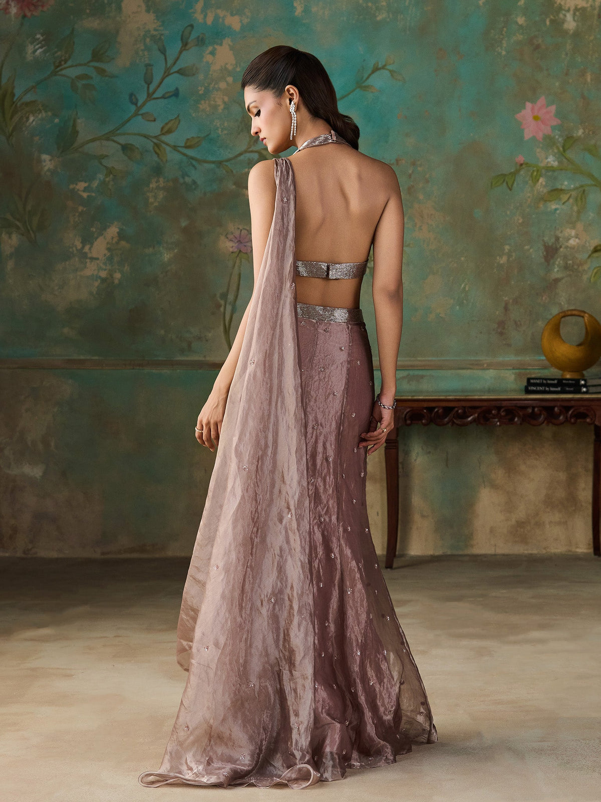 Rose Taupe Tissue Saree Set
