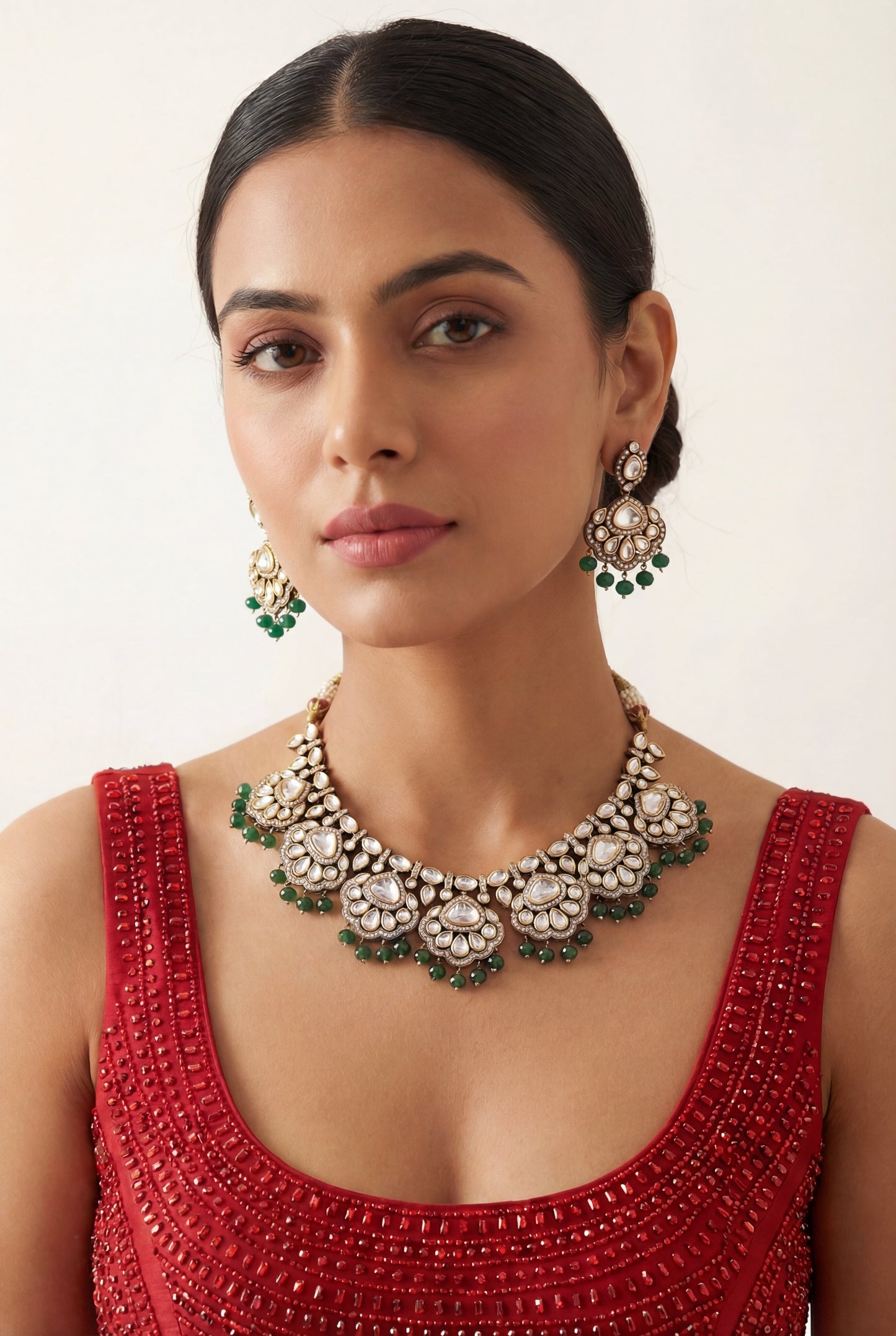 Samaira Green Two Tone Finish Polki Necklace Set