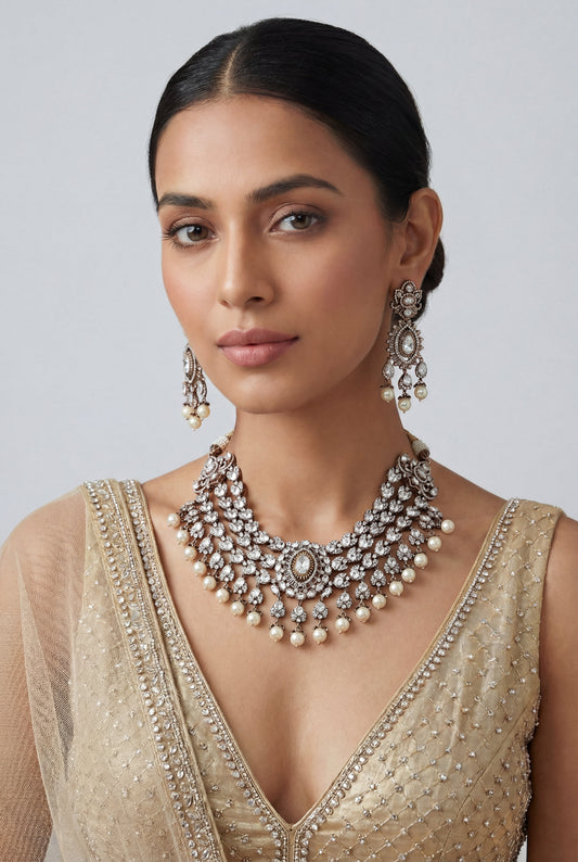 Getanjali Rhodium Finish Polki Necklace Set