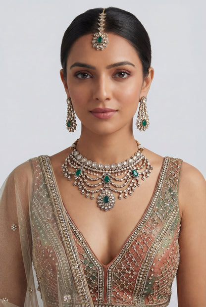 Gulabsha Green Two Tone Finish Polki Bridal Set