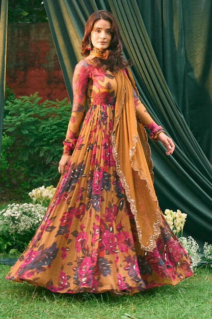 Mustard Chiffon Floral Anarkali Set