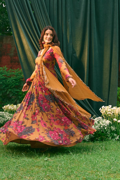 Mustard Chiffon Floral Anarkali Set