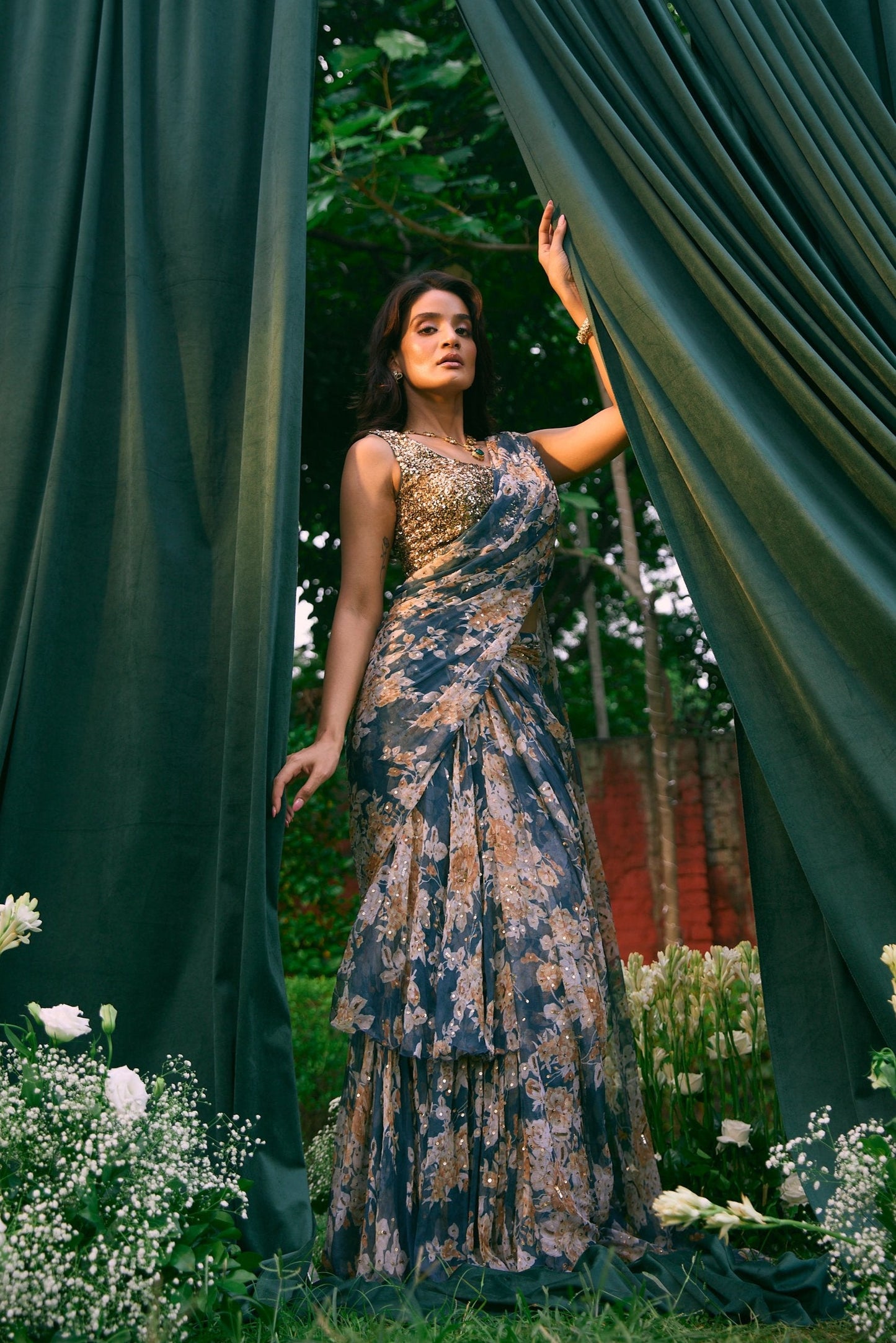 Teal Blue  Floral Frill Saree