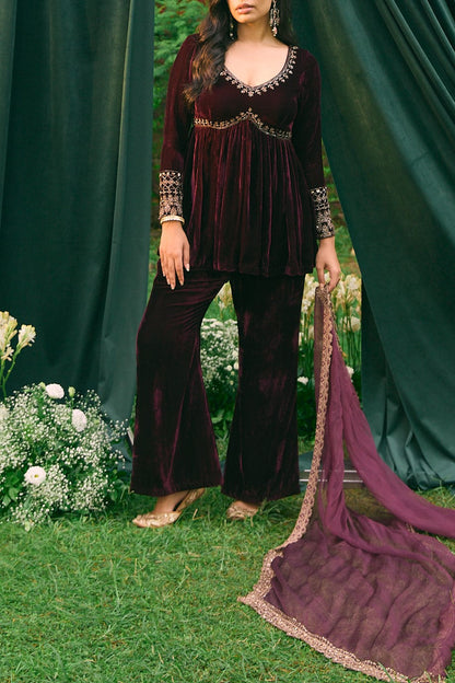 Black Velvet Embellished Peplum With Pant Set