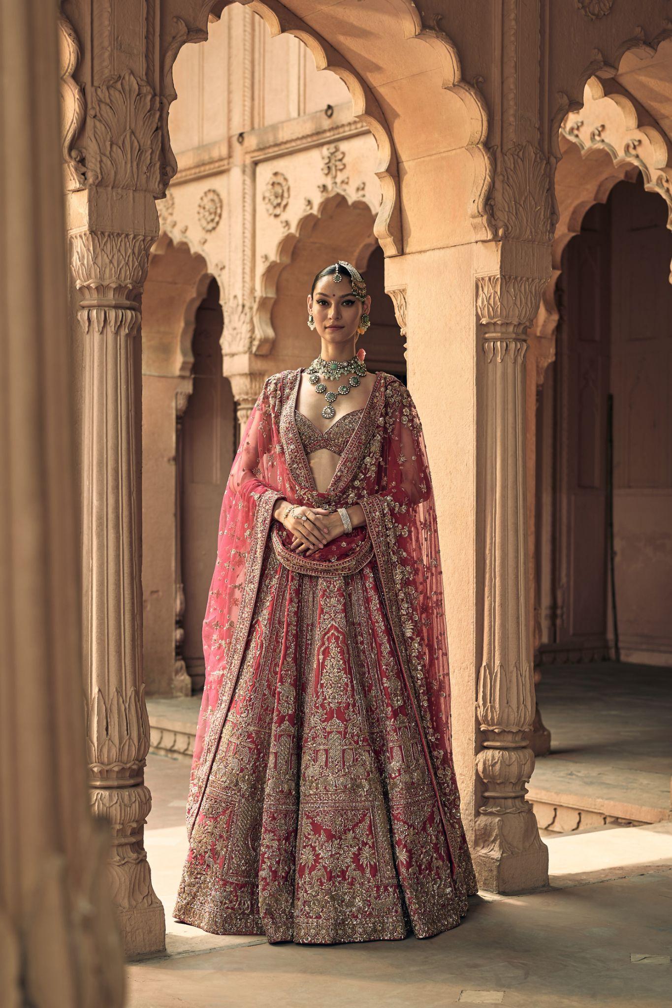 Red Raw Silk Zari Hand & Machine Embroidered Lehenga Set