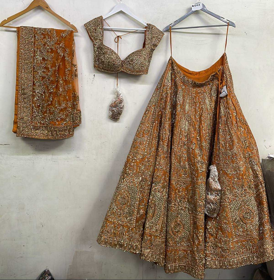 Rust Raw Silk Zari Hand & Machine Embroidered Lehenga Set