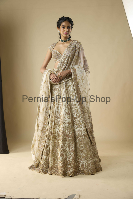 Ivory Raw Silk Zari Hand & Machine Embroidered Lehenga Set