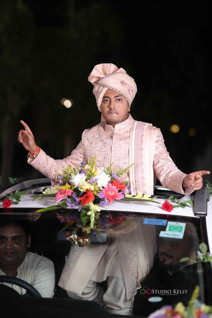 Akash Gupta in Custom Baby Pink Sherwani Set