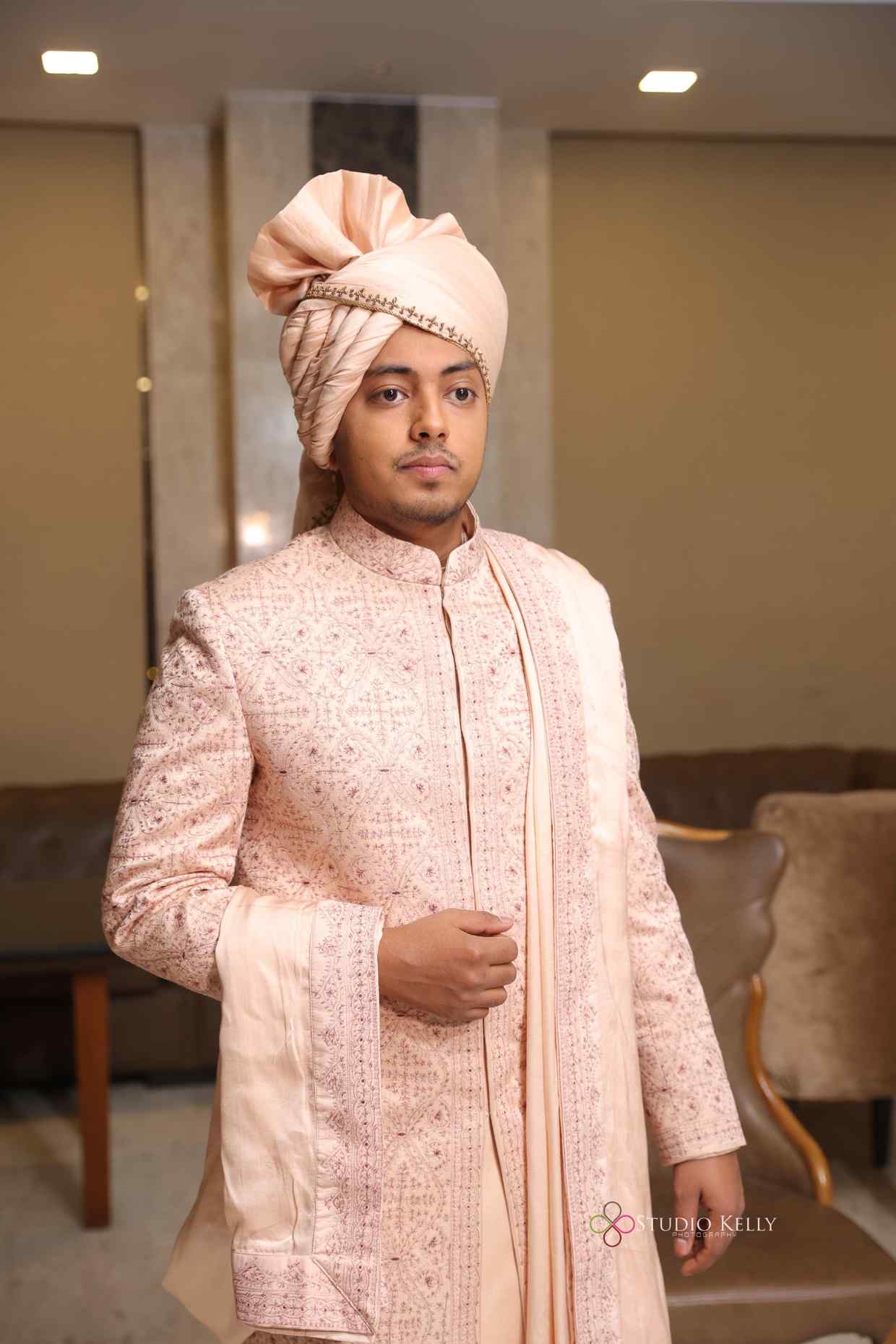 Akash Gupta in Custom Baby Pink Sherwani Set