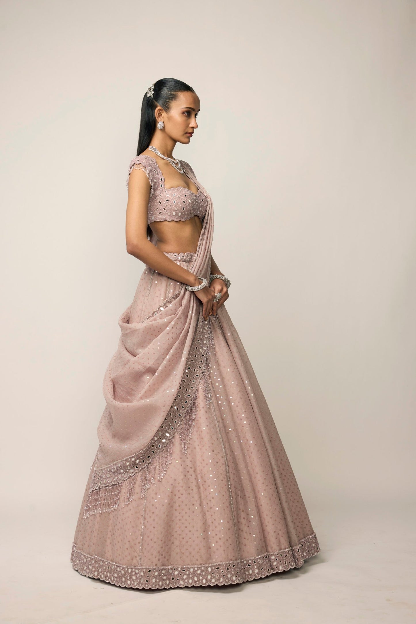 Ash Pink Sequins Embroidered Lehenga Set