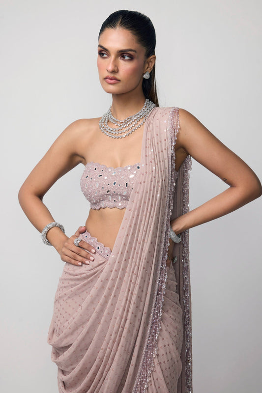 Ash Pink Draped Saree Set