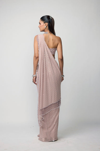 Ash Pink Draped Saree Set