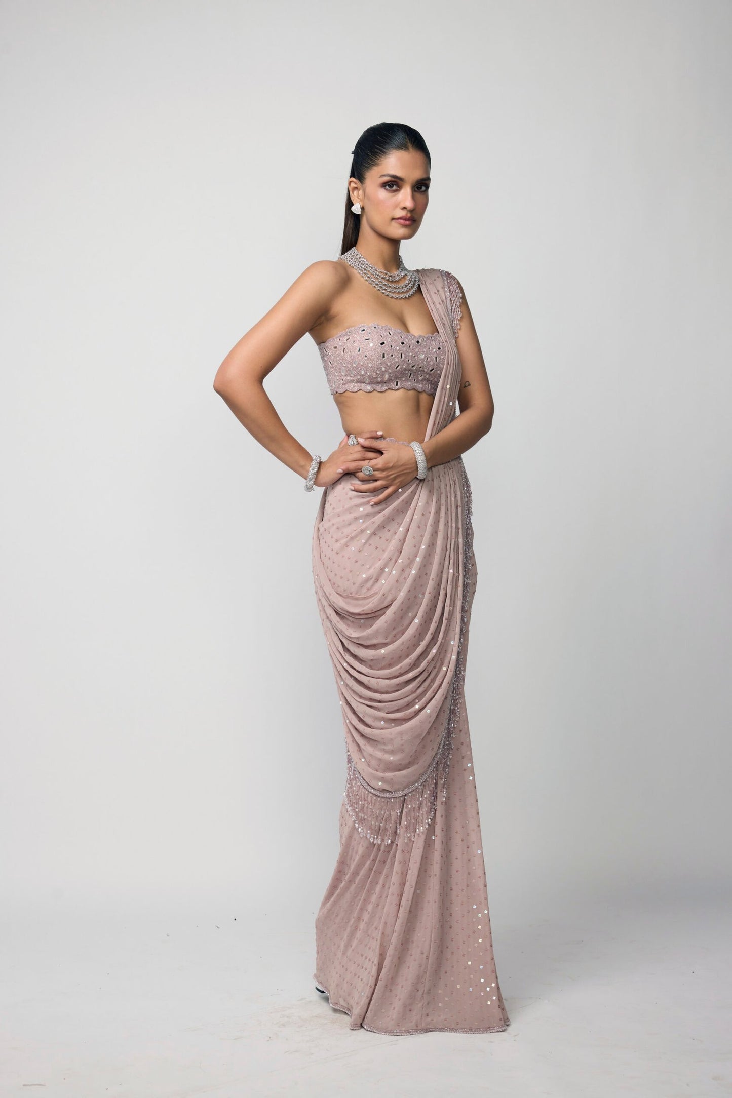 Ash Pink Draped Saree Set