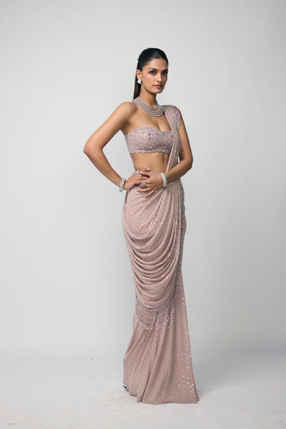 Ash Pink Draped Saree Set