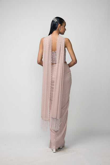 Ash Pink Draped Sequins Embroidered Skirt Set
