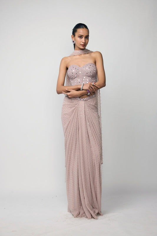 Ash Pink Draped Sequins Embroidered Skirt Set